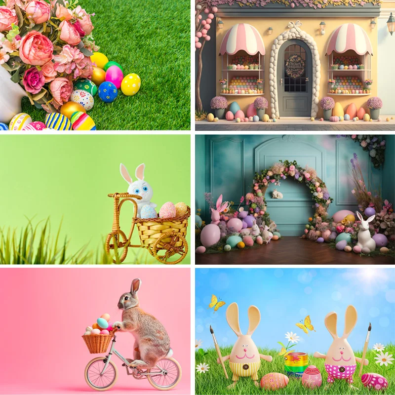 

SHUOZHIKE Colorful Easter Scene Background Spring Eggs And The Cute Rabbits On The Grass Photography Backdrops Props FE-04