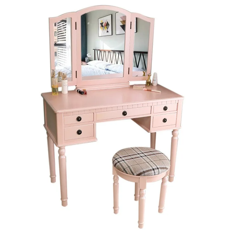 Small Pink European Dressing Table 5 Drawers Tri Fold Mirror Luxury Makeup Vanity for Bedroom Decor