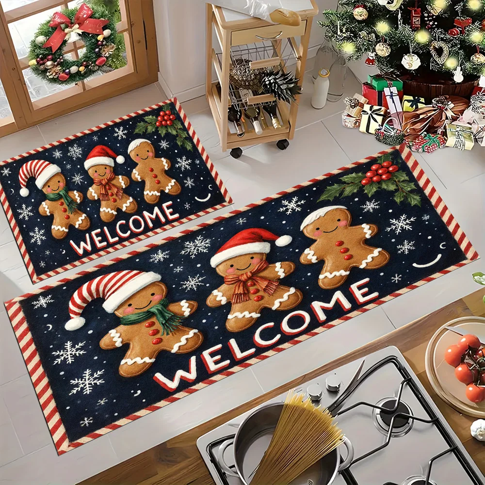 Welcome Gingerbread Man Kitchen Mat 2 Piece, Navy Blue Snow Winter Holiday Rugs, Non-Slip Floor Mat for Kitchen Sink