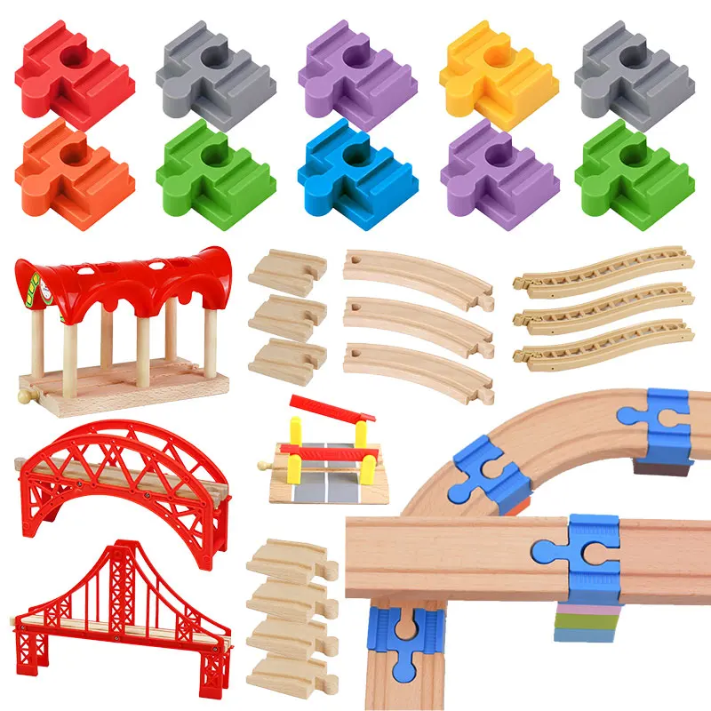 Accesorios de vía de tren de madera, adaptador de bloques de construcción de plástico, conectores de vía de madera aptos para todos los juguetes de vía de tren ferroviario, 10 Uds.