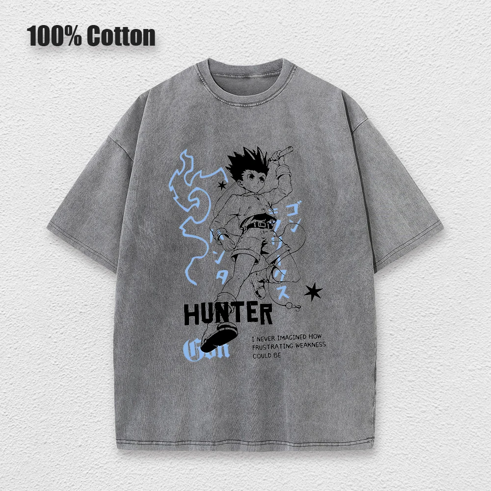 Punk Anime Hunter x Hunter Washed T-shirts Mens Cotton Clothing Graphic Manga Harajuku Tees Unisex Summer Top Male Streetwear