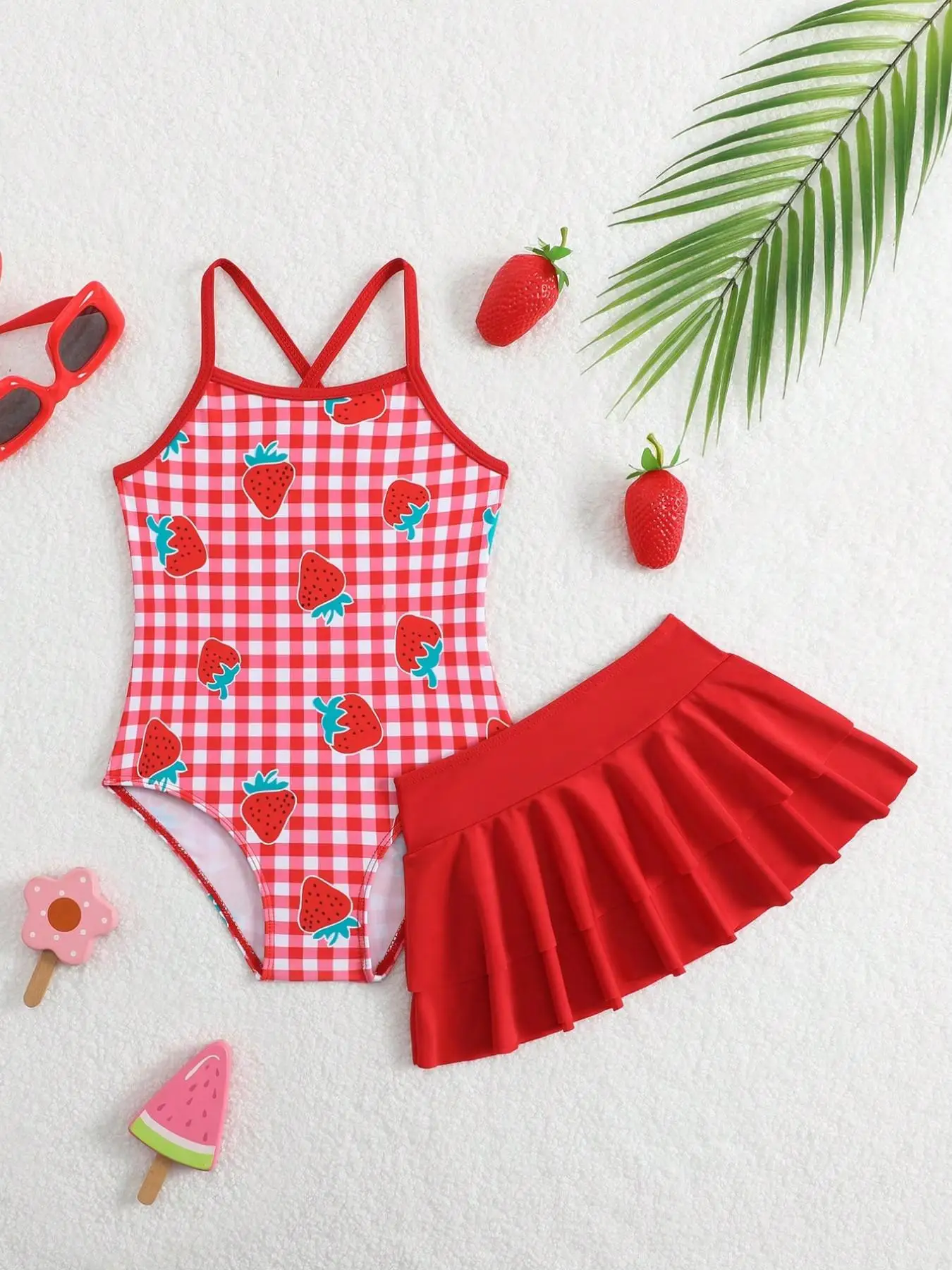 Girls' Summer Casual Swimsuit with Strawberry Plaid Pattern, Strap-Style One-Piece Swimsuit + Double-Layer Ruffle Skirt Two-Piece Set, Red Fashionable and Eye-Catching, Suitable for Girls Aged 4-12, Beach and Pool Wear