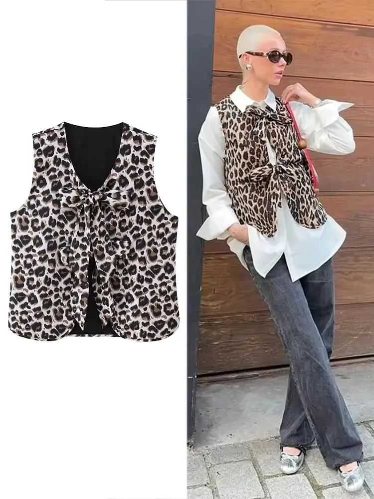 

HH женский винтажный жилет с леопардовым принтом, галстук спереди, топ с v-образным вырезом, жилет без рукавов, пальто, лето 202, женская мода, уличная одежда, топы