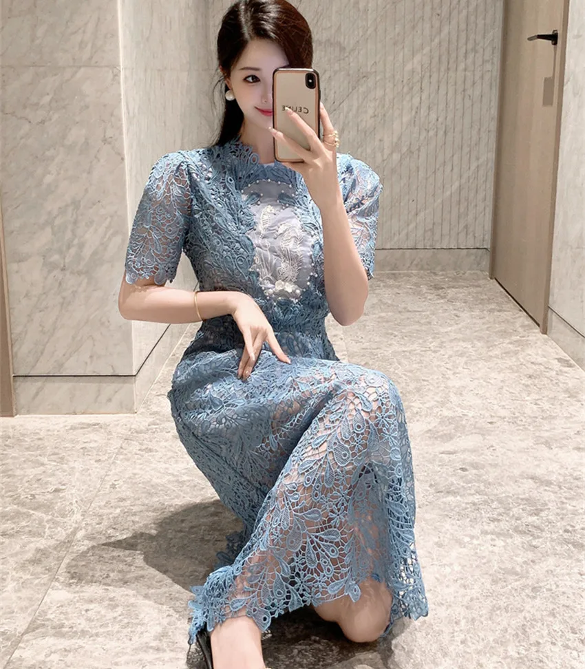 Runway Fashion Summer Blue Lace Hollow Out Party Dress Luxury New Women O Neck Flower Embroider Pearls Beaded Slim Midi Vestidos