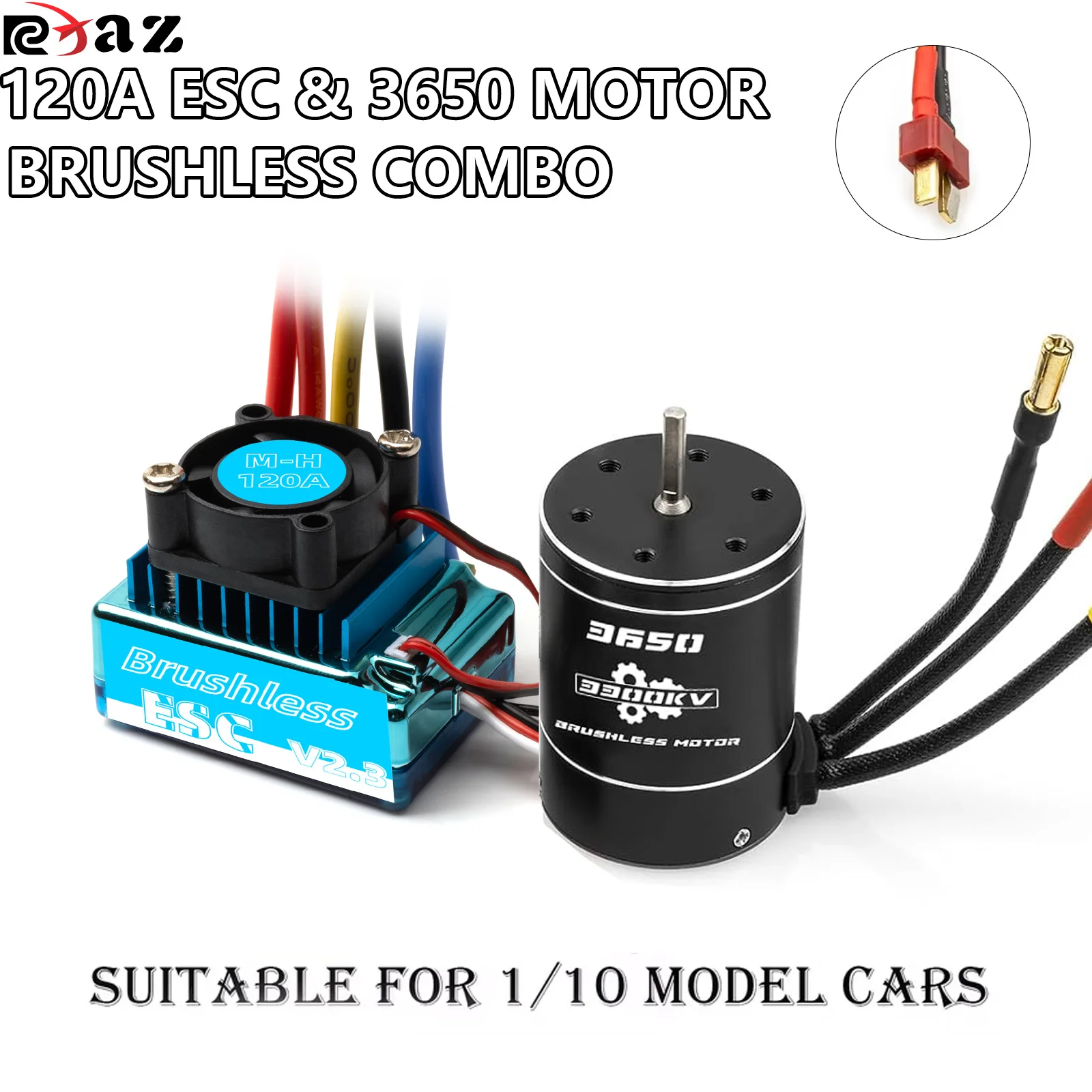 RCXAZ RC 120A Brushless ESC 3650 Brushless Motor 2600KV 4300KV 6400KV 3.17mm Brushless Combo 2-3S für 1/10 RC Auto Offroad Truck Buggy Crawler Racing Arrma Traxxas HSP Redcat RC4WD SCX10 D90 Tamiya