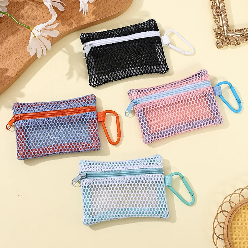 10pcs Wallet Plain Transparent Nylon Mesh Square Lipstick Holder Short Coin Change With Keychain
