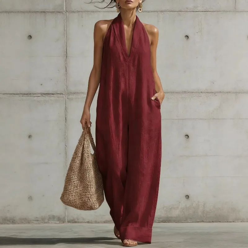 

2026 Spring Summer Women Linen Romper Casual Wide Leg Breathable Lightweight Beach Office Vacation