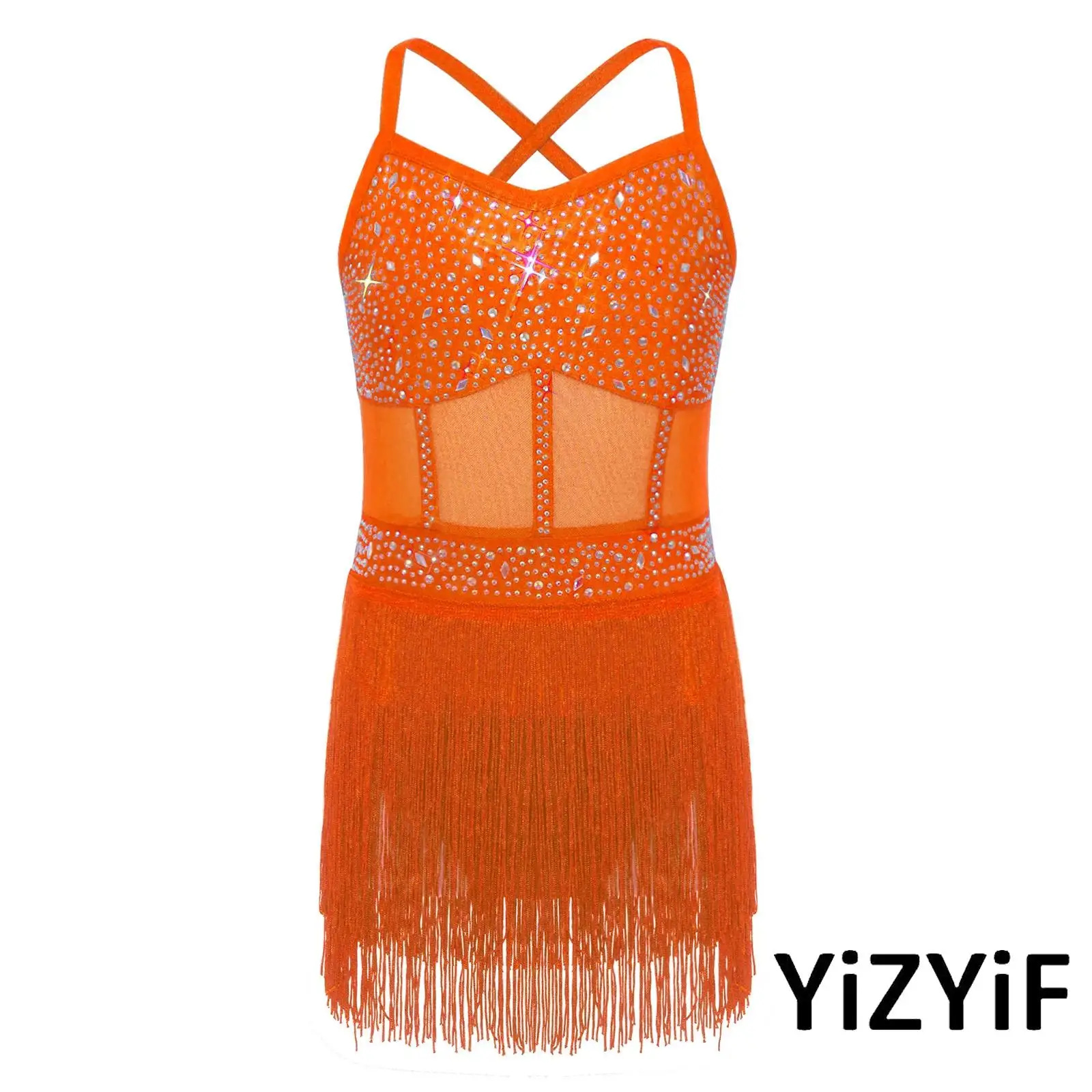 Dziewczęca sukienka do tańca latynoamerykańskiego i tanga z dżetami, przezroczysta siateczka, warstwowa, z frędzlami i chwostami, jednoczęściowa sukienka typu body, strój do gimnastyki i tańca.
