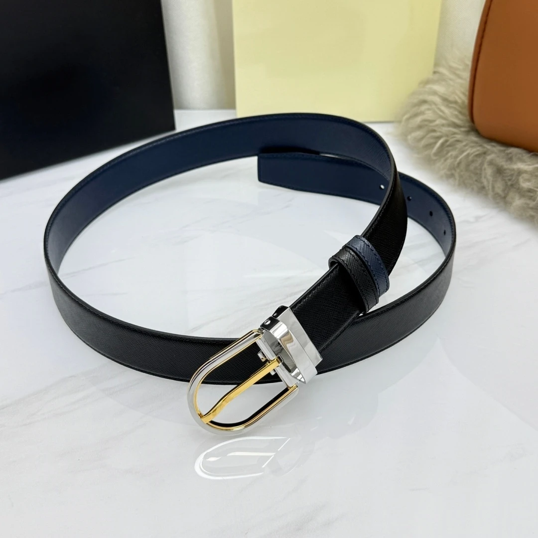 Business Formal Waist Strap Luxury Brand Men's Reversible Cross-Grain Belt Rotatable Oval Pin Buckle Black Navy Blue Dual‑Sided