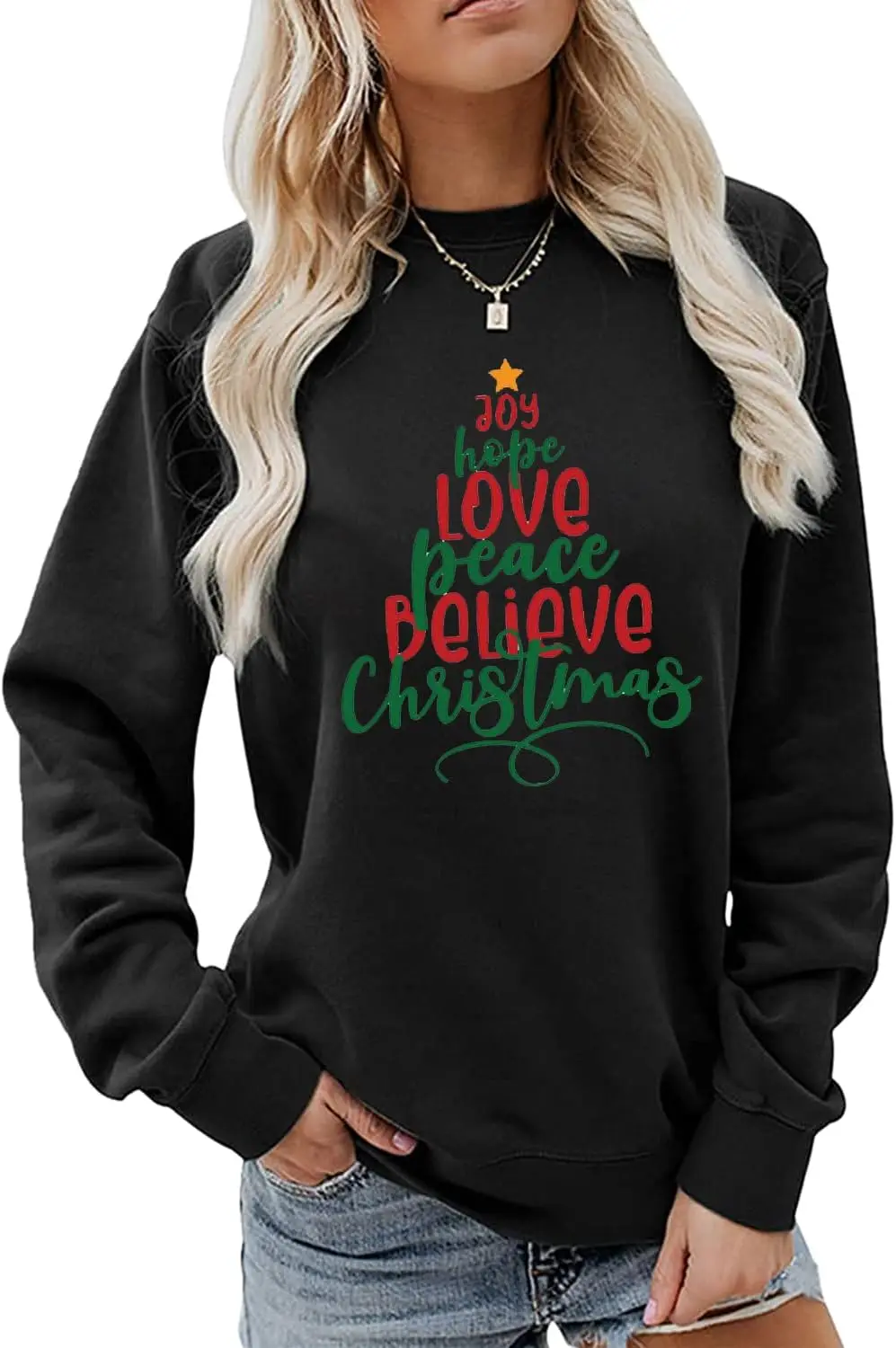 Joy Hope Love Peace Believe Sudadera navideña, suéter con cuello redondo de árbol de Navidad para mujer, regalos de camisa navideña