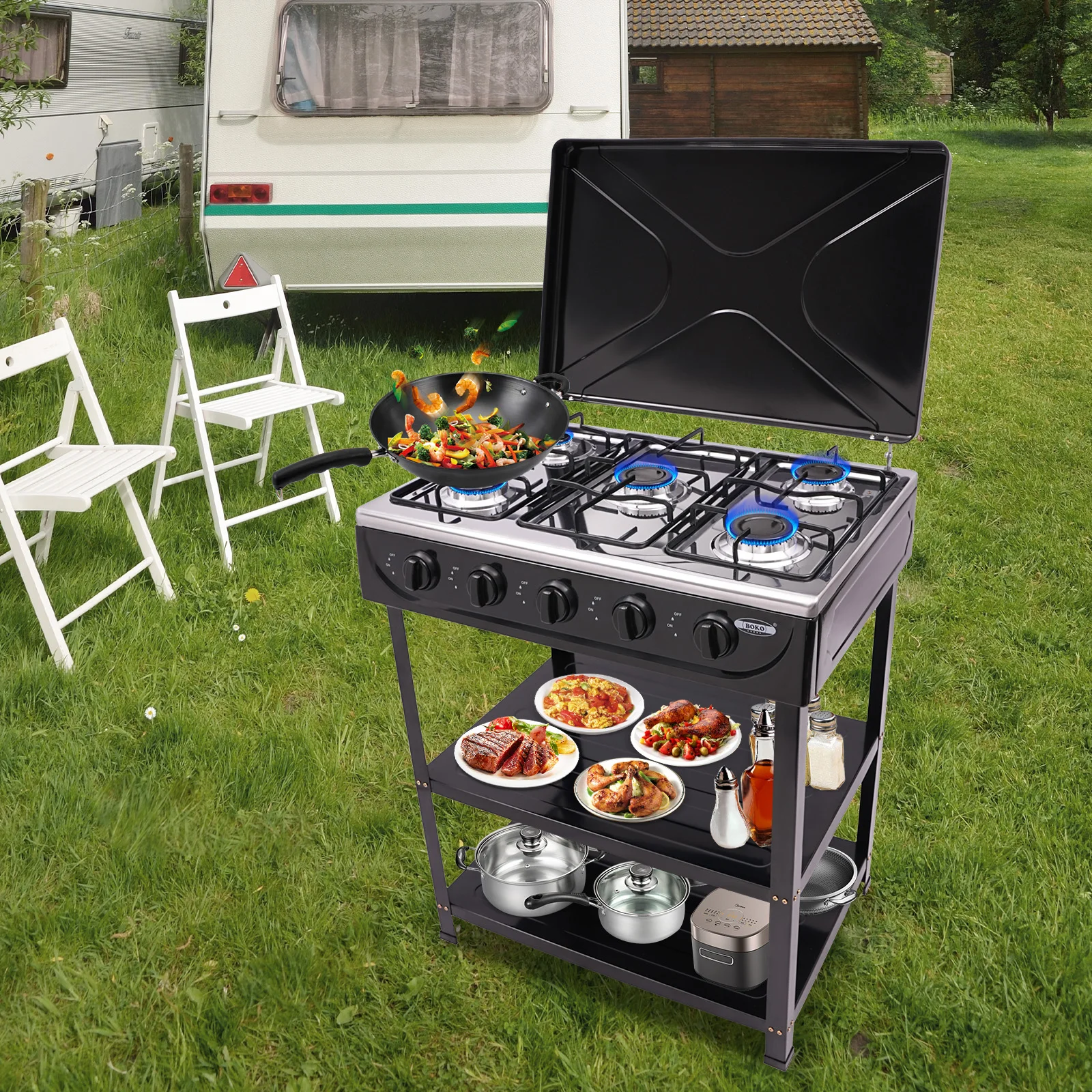 

5 Burner Natural Gas Stove, 2.5KW Each Burner Portable Outdoor Camping Stove with Wind Cover, Black