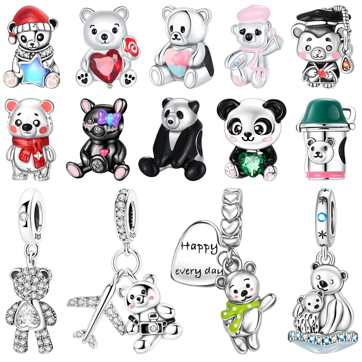 S925 Sterling Silver Cute Cartoon Plata Bear Panda Gem Charm Polar Bear Diamond Beads DIY Bracelet Parts Decor Fine Jewelry