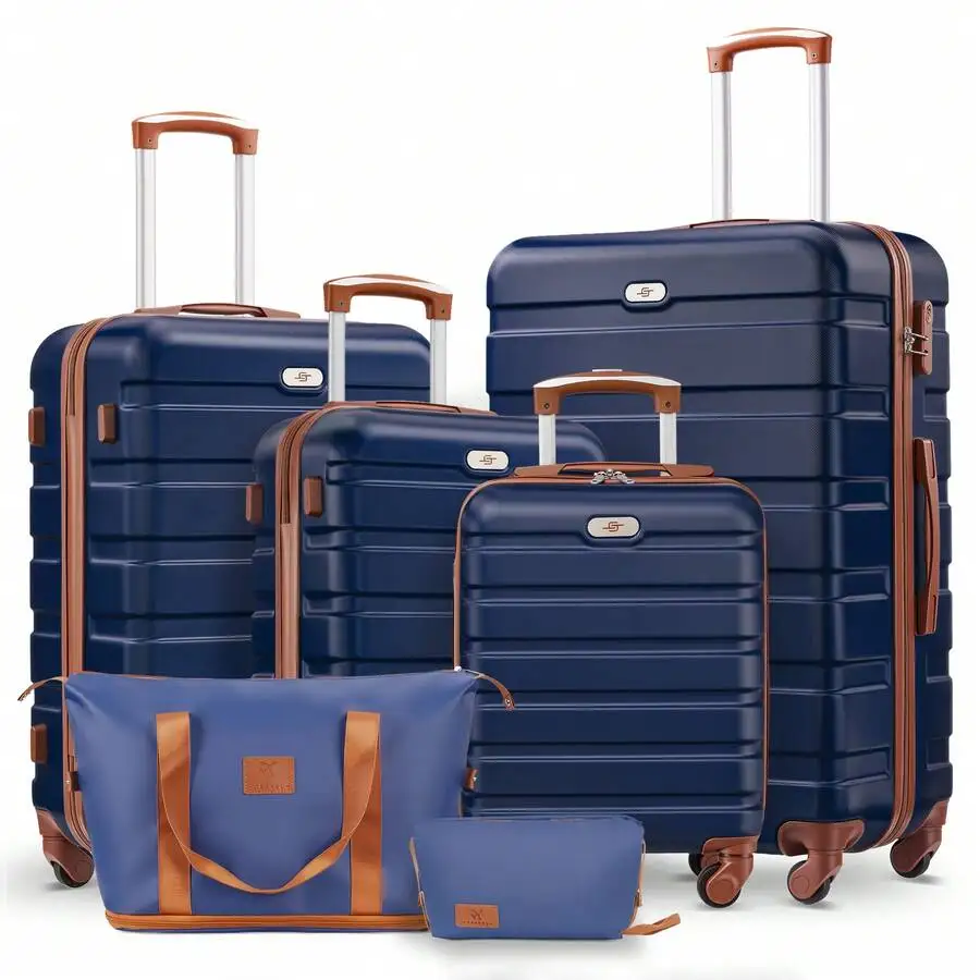 6-Piece Luggage Set, 16/20/24/28 Inch Suitcases,ABS Hardside Spinner Carry On Suitcase + 2 Travel Bags For Family Vacations,Back