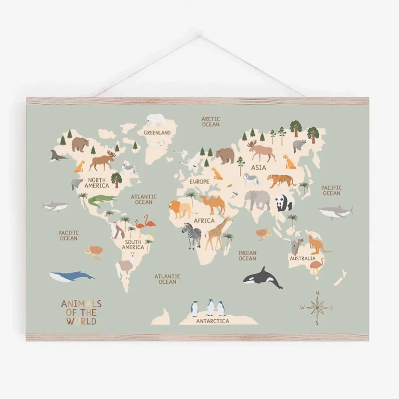 Education Poster Animal World Map Alphabet Number Canvas Painting Wall Art Nordic Prints Pictures for Kids Room Decoration