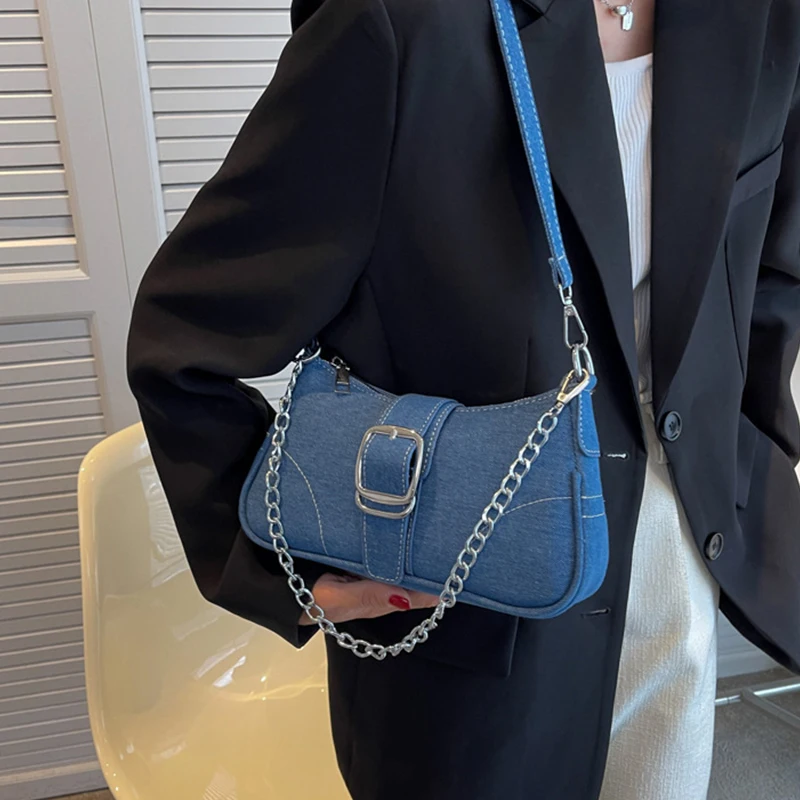 Mode Denim Onderarmtas Handtassen Voor Dames 2024 Designer Luxe Schoudertassen Y 2K Vrouwelijke Kleine Kettingen Merk Crossbody Tassen