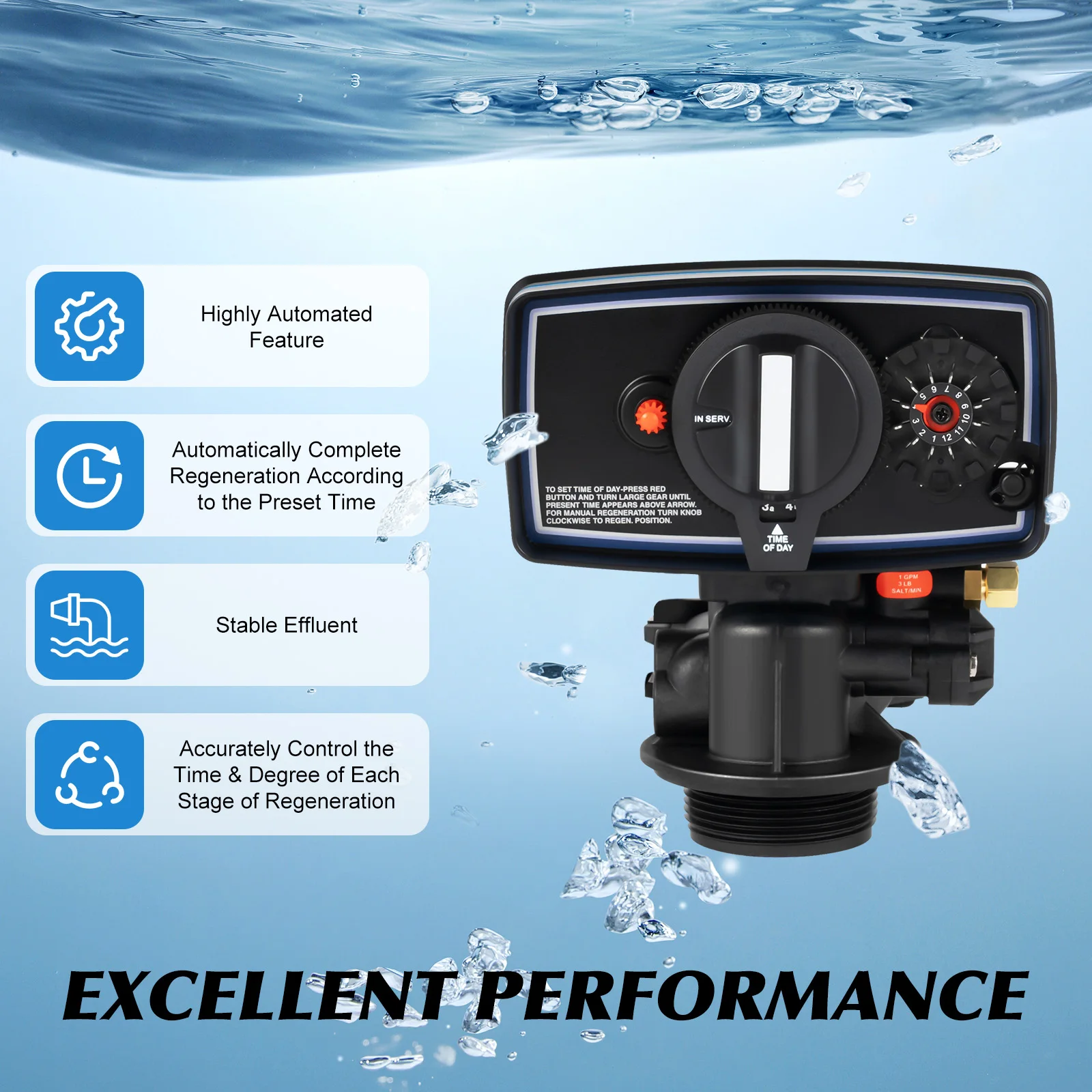 

110 V 3 W Time Clock Control Valve, Water Softener Control Valve Automatic Operating Mode, with Upper & Lower Water Distributor