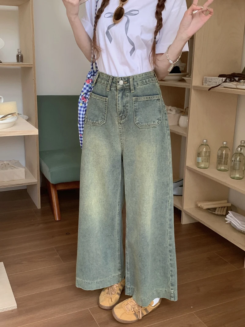 

Slergiri Streetwear High Waist Wide Leg Pants Women's Fashion Jeans Woman Korean Style Washed Distressed Straight Mom Jeans