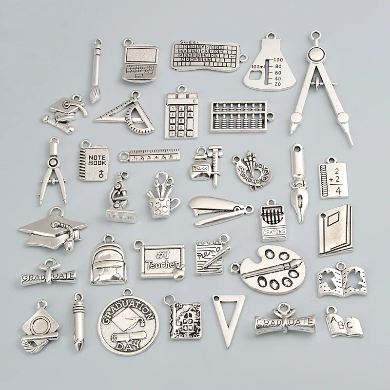 30pcs Random Mix Silver Color Book Bachelor Cup Pen Charms Paint Board Pendant Making School Supplies Jewelry Accessories