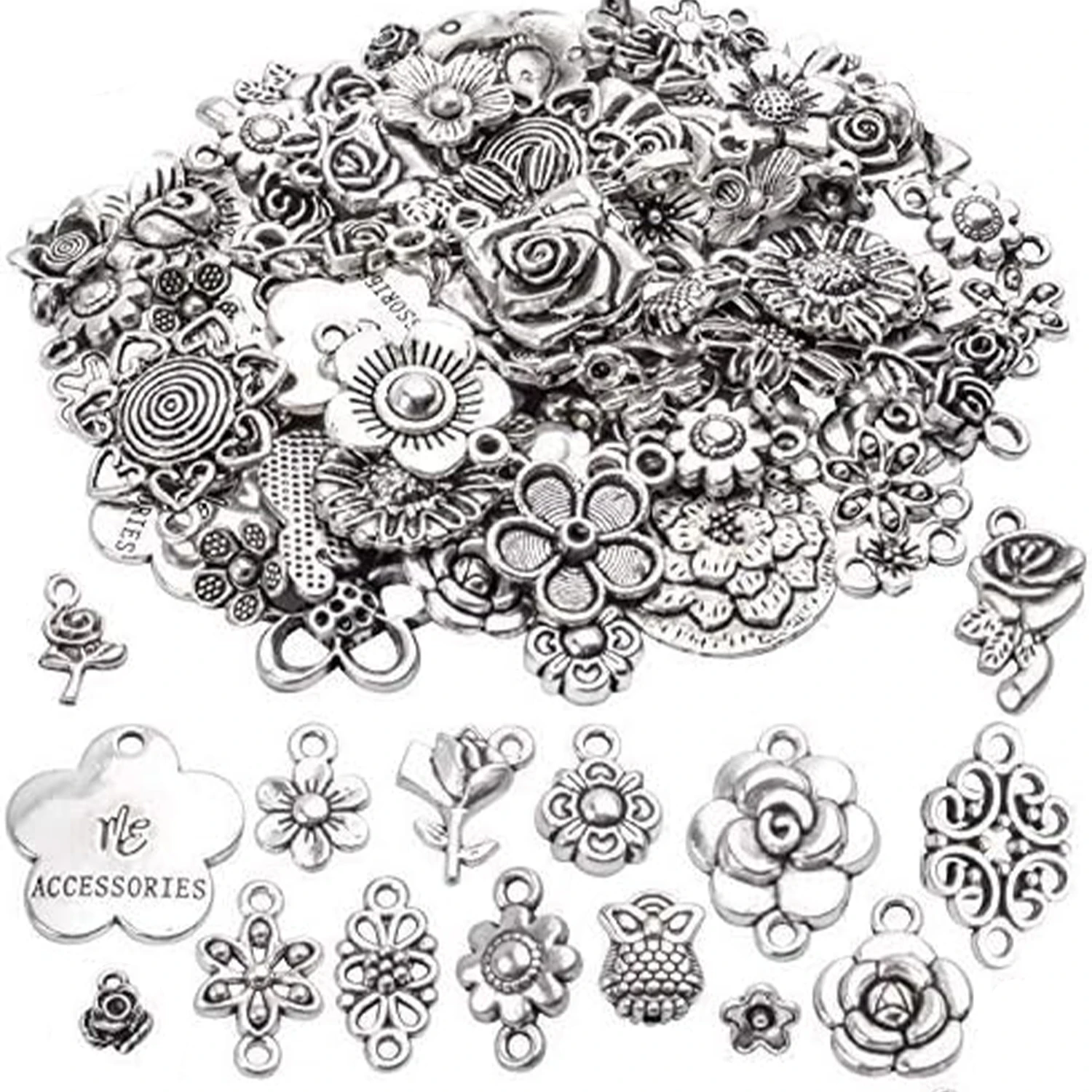 

100 г. Фурнитура для рукоделия: подвески-шармы в форме розы, бусины-шармы из сплава, соединители для браслетов и ожерелий своими руками