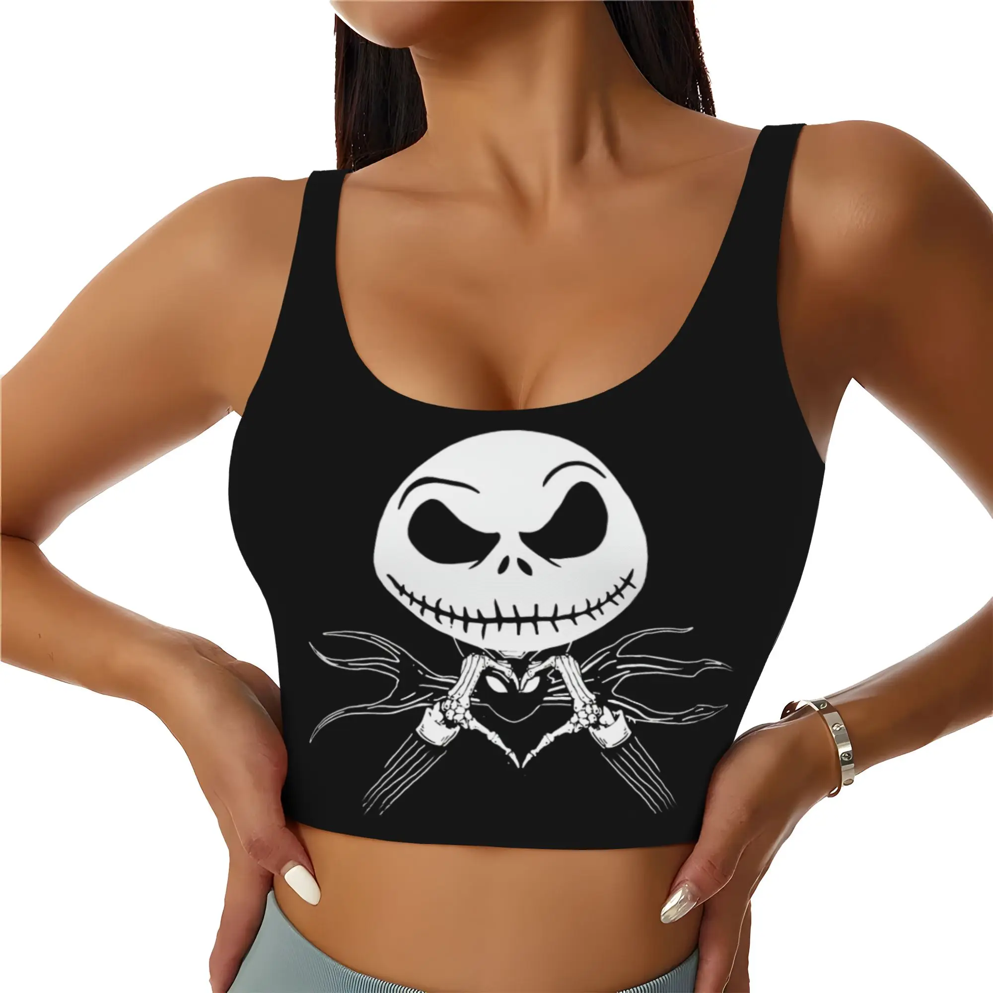 Custom Skellingtones Skull High Impact Sports Bras Women Halloween Horror Seamless Workout Running Crop Tank Tops