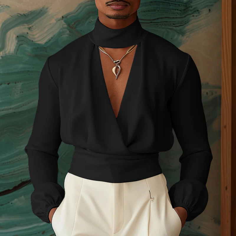 2026 INCERUN Men's Shirt Solid Color Long Sleeve Tops Casual Deep V-neck Shirts Sexy Hollow Out Irregular Patchwork Men Clothes