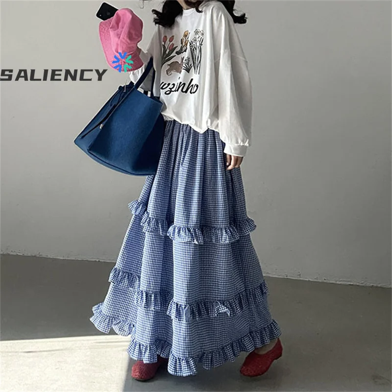 Saliency Vintage Plaid Y2k Skirt 2024 Elastic Waist Ruffle Cake Long Skirts Woman Korean Fashion Faldas