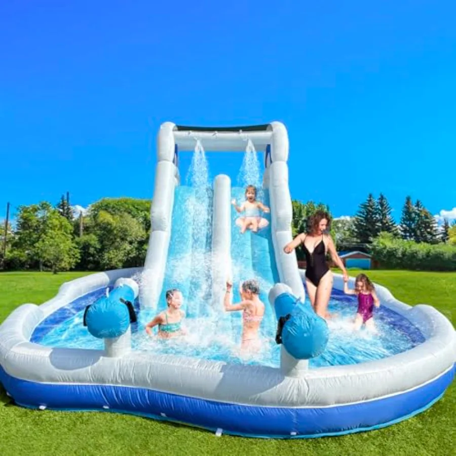 

Inflatable Double Water Slide for outdoor play, PVC material, blue color, extra-large 17.7FT size with splash pool and easy set