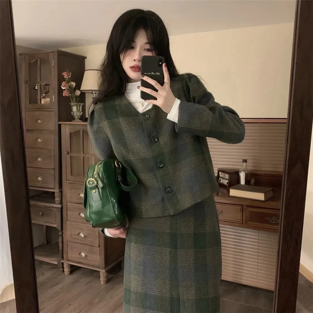 Vintage Green Tweed Outfit Suit Women Elegant Wool Short Coats +High Waist Long Skirt  Autumn Winter 2 Piece Sets Office Ladies