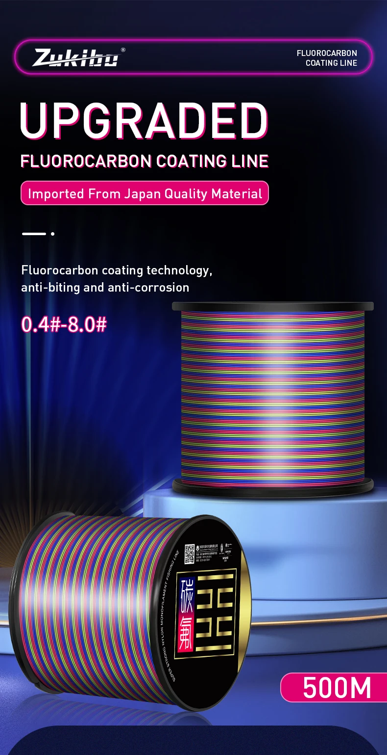 ZUKIBO Mehrfarbige Monofilamentschnur, 500 m, Fluorkohlenstoff-Nano-Beschichtung, hohe Abriebfestigkeit, Nylon-Mono, superstarke Angelschnur – Detail 1