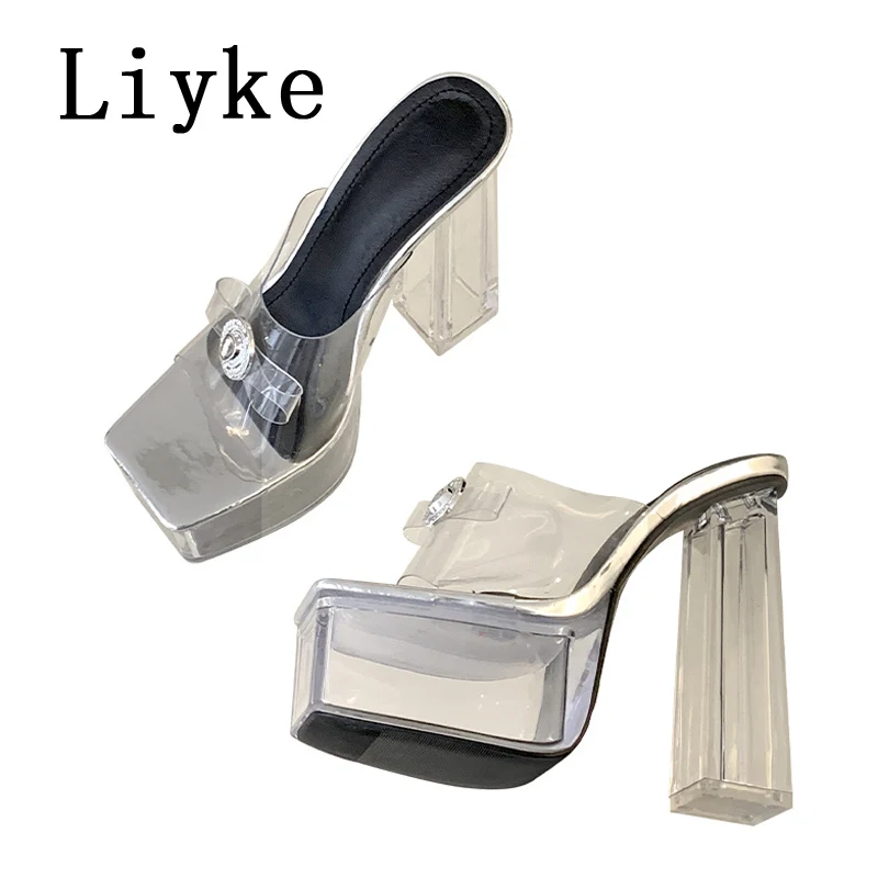 Liyke Runway Style Transparent Platform Slippers Women Sexy Buckle Square Toe Party Stripper Shoes Clear High Heels Sandals Lady