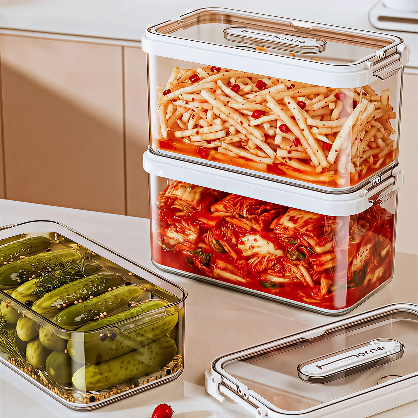 1pc 4L Airtight Plastic Pickle Jar with Press Plate, Leak-proof Food Storage Box for Pickled Vegetables Olives - view 4