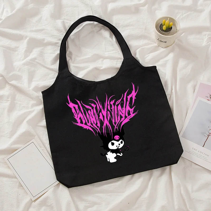 Hip Hop Woman Kuromi Tote Bag Shopper Canvas Shoulder Bag Eco Sanrio Harajuku Casual Shopping Bag Women Tote Female