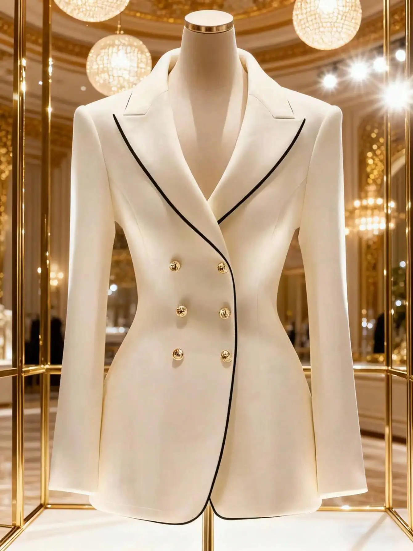 Elegante Chaqueta de Traje Minimalista de Doble Botonadura con Detalles en Negro, Ajustada, Ideal para el Uso Diario y para el Otoño, para Mujer