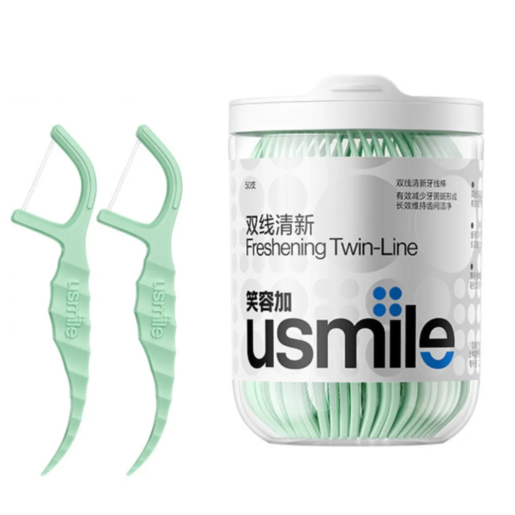 USmile Twin Thread Dental Floss Picks Mint Toothpick Sticks Flexible Head Portable Dispenser for Teeth Cleaning Home Travel
