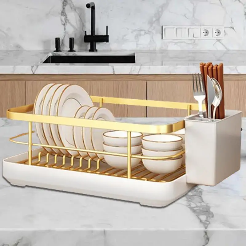 Dish Drying Rack Utensil Drainer With Utensil Holder Dish Organizer Drying Dish Rack With Drip Tray For Bowls And Plates