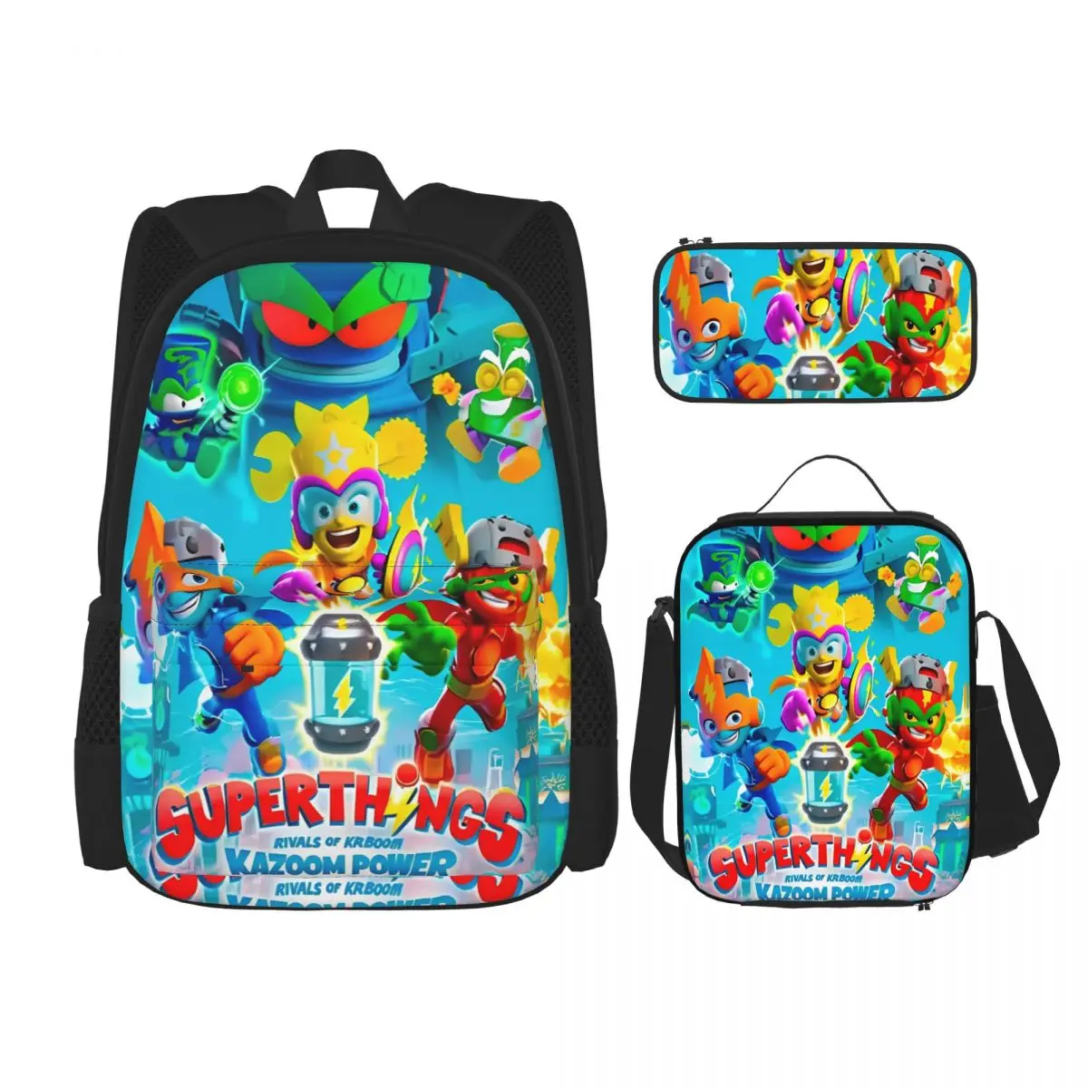 

SuperThings Cartoon 3pecs/set Backpack for Boys Girls Kazoom Power Kindergarten Canvas Bags Lunch bag Pencil Case