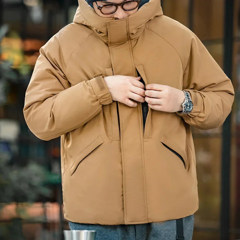 Maden Men's Khaki White Duck Down Hooded Jacket Outdoor Warm Thickened Coat Winter Casual Stand-up Collar Windproof