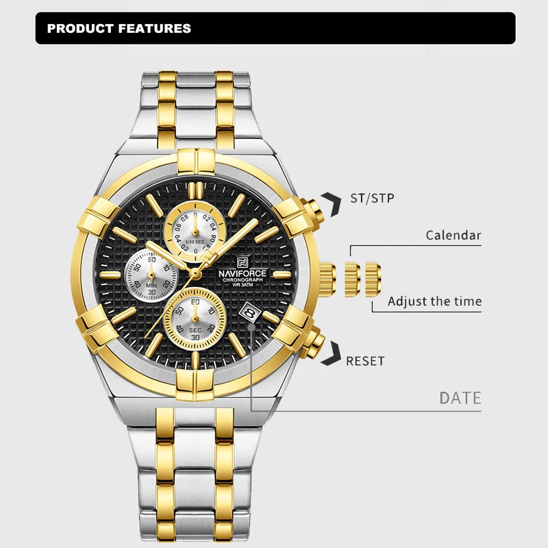 Top Brand NAVIFORCE Fashion Watches for Men Luxury Business Stainless Steel Band Quartz Wristwatches Waterproof Calendar Clocks