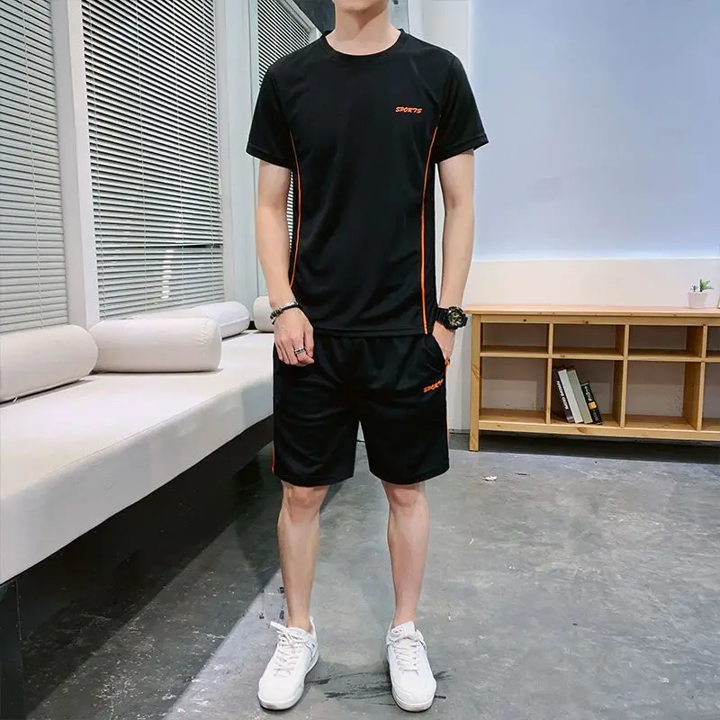 Summer Korean Loose Sports Set Men Solid Embroidery Round Neck Short Sleeve T-shirt Running Casual Elastic Waist Pocket Shorts