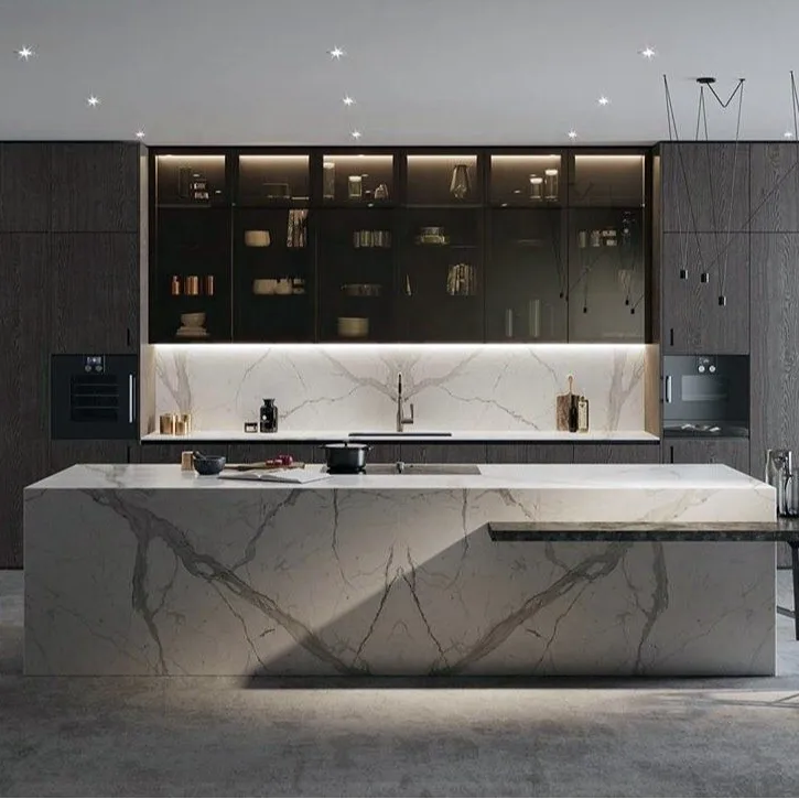 Modern Light Luxury Glass Wine Cabinet Island Counter Bar Counter Open Cabinet Kitchen Integrated Rock Slab Sink Storage Combina