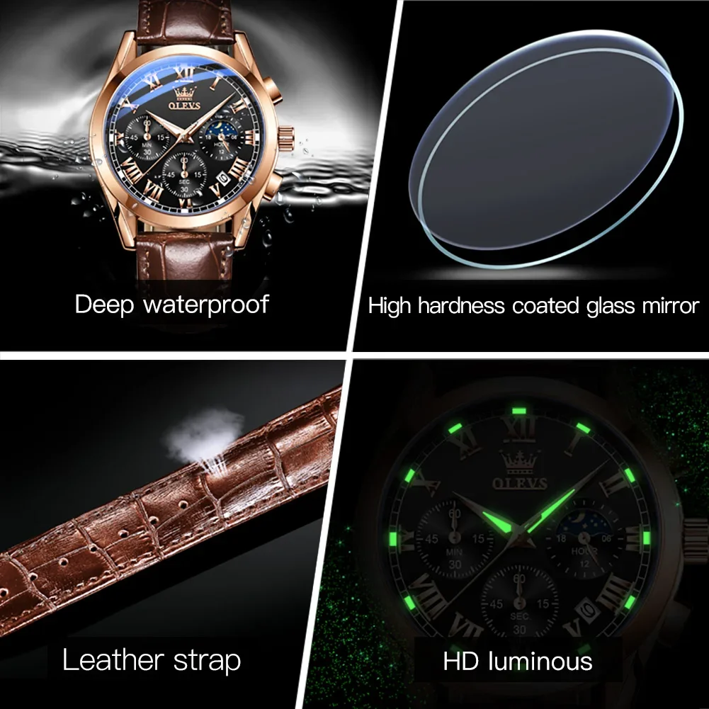 OLEVS 2871 Quartz Waterproof Men Wristwatch, Fashion Genuine Leather Strap Multifunctional Exquisite Watch For Men Luminous