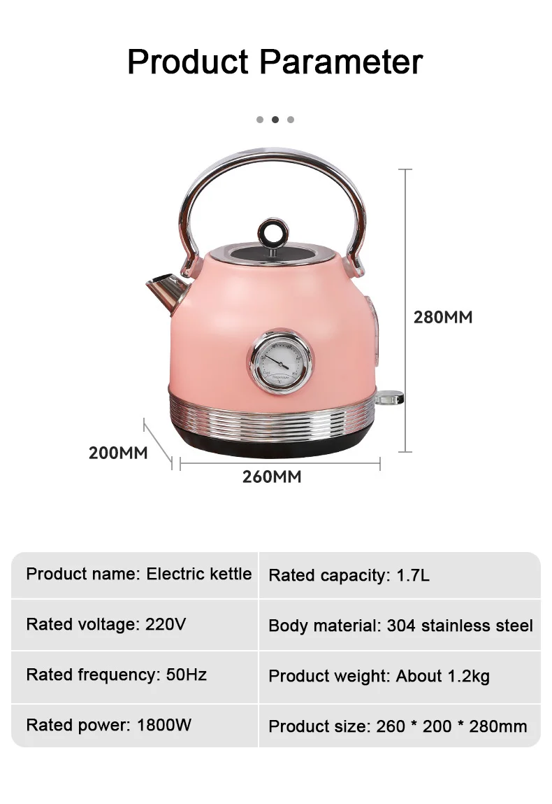 DMWD 220V Bollitore elettrico retrò con termometro 1.7L Acqua di grande capacità Teiera bollente veloce Bollitori con rivestimento in acciaio