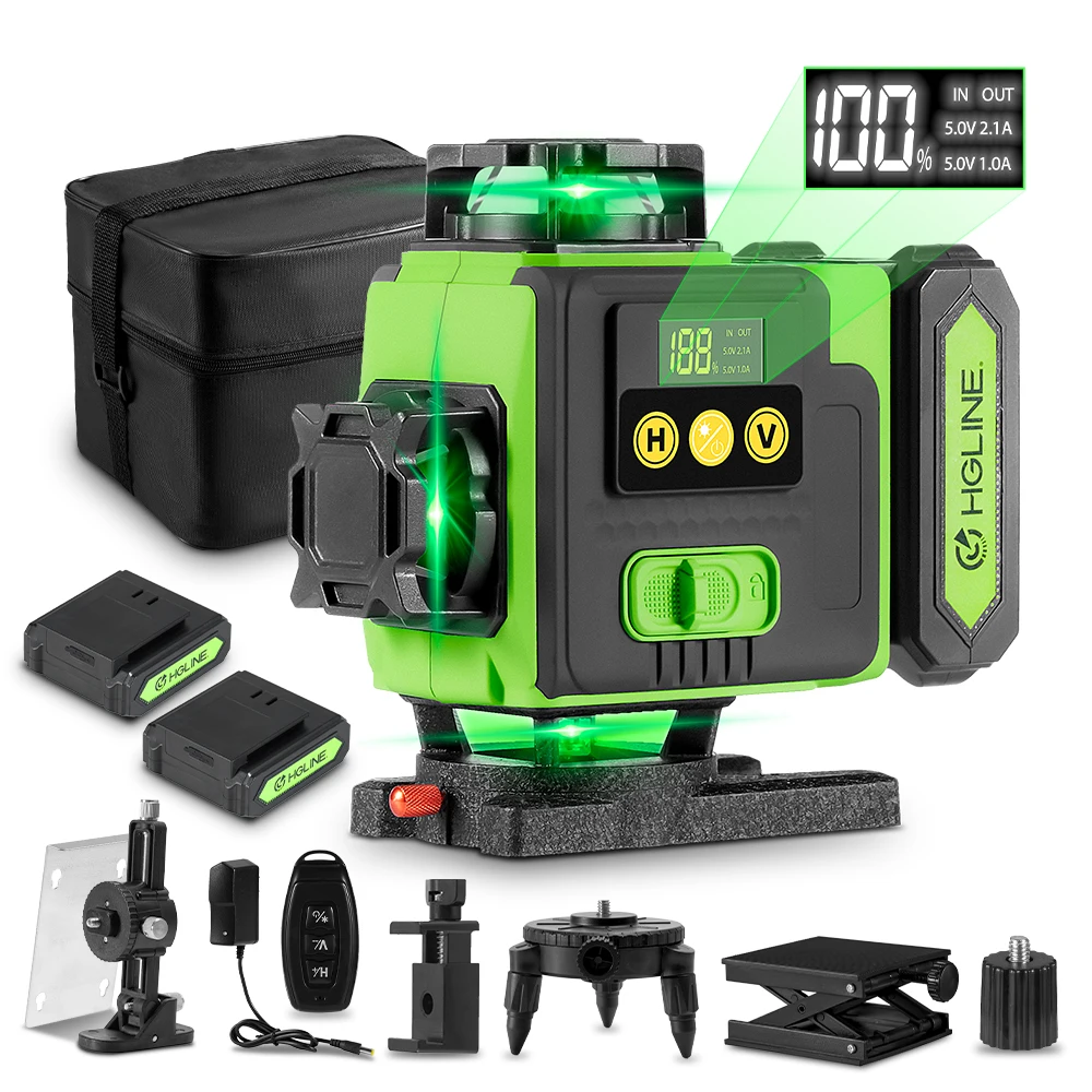 HGLINE 16 Linien 4D-Laser-Nivelliergerät, drehbare Nivelliergerät, wiederaufladbar, automatisches Nivelliergerät, 2 x 6000 mAh Akku-Set mit Stativ