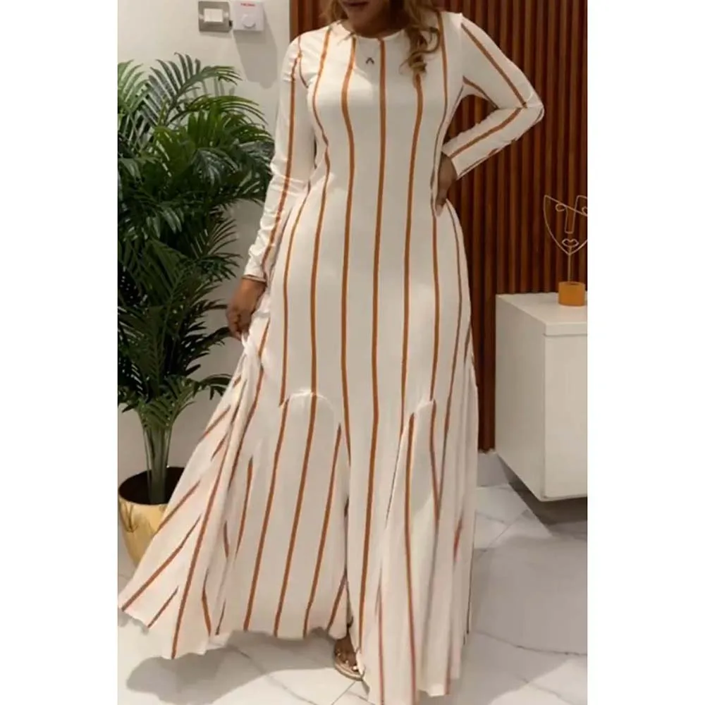 Plus Size Semi Formal Maxi Dresses Elegant White Striped Fall Winter Long Sleeve Cotton Maxi Dresses