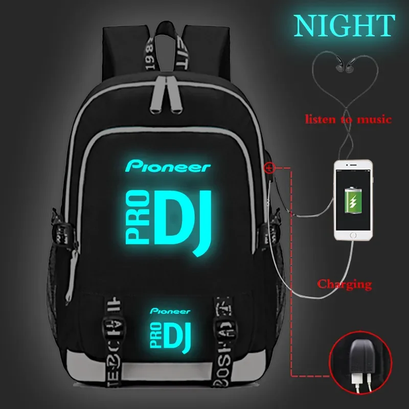 Pioneer Pro Dj 발광 배낭 학교 USB 충전 가방, 남녀공용, 남녀공용, 패션, USB 충전, Mochila