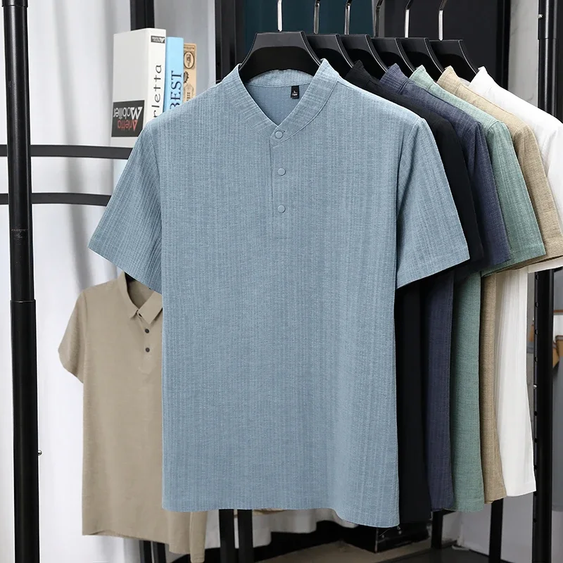 Mens Mandarin Collar Half Placket Linen Textured Short Sleeve Shirts Casual Tops Wrinkle Resistant Breathable Summer Wear view 5