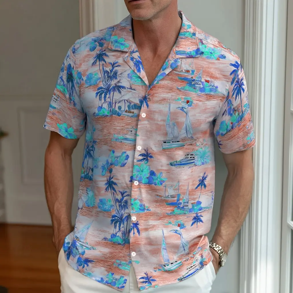 

Men's Hawaiian Beach Vacation Shirt Tropical Flowers Coconut 3D Print Short Sleeve Casual Tops Spring & Summer