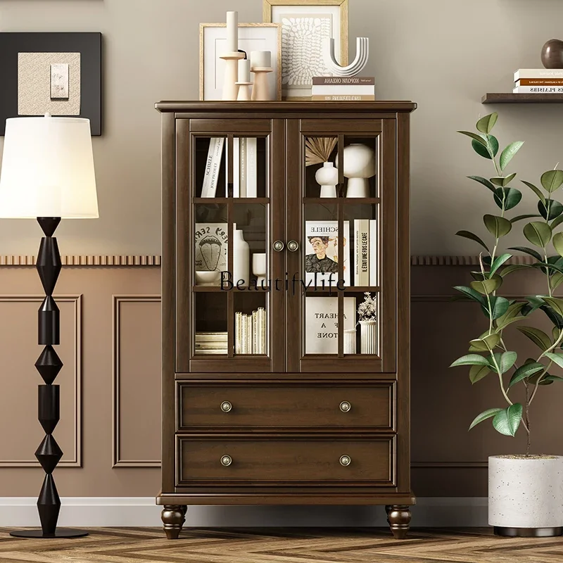 

LD6American all solid wood double door side cabinet living room locker glass door