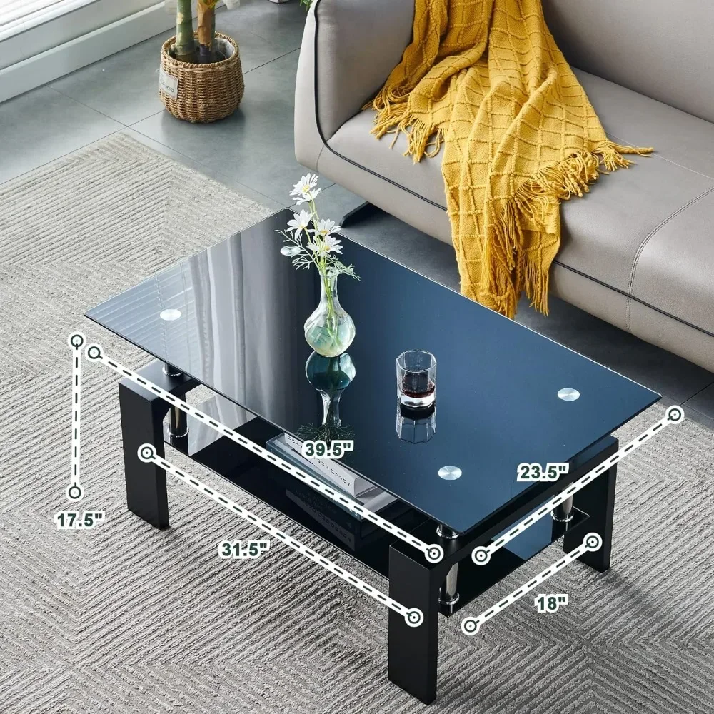 Living Room Rectangle Coffee Table, Tea Table, Modern Side Coffee Table with Wooden Leg, Glass Tabletop with Lower Shelf