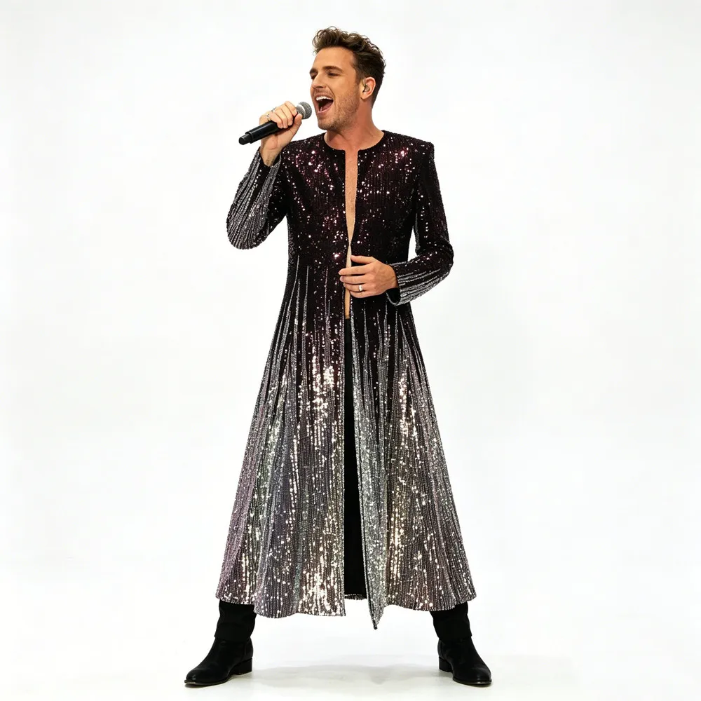 Men's Extra Long Sequins Overcoat Male Singer Concert Stage Performance Long Coat Model Catwlk Host Evening Party Costume
